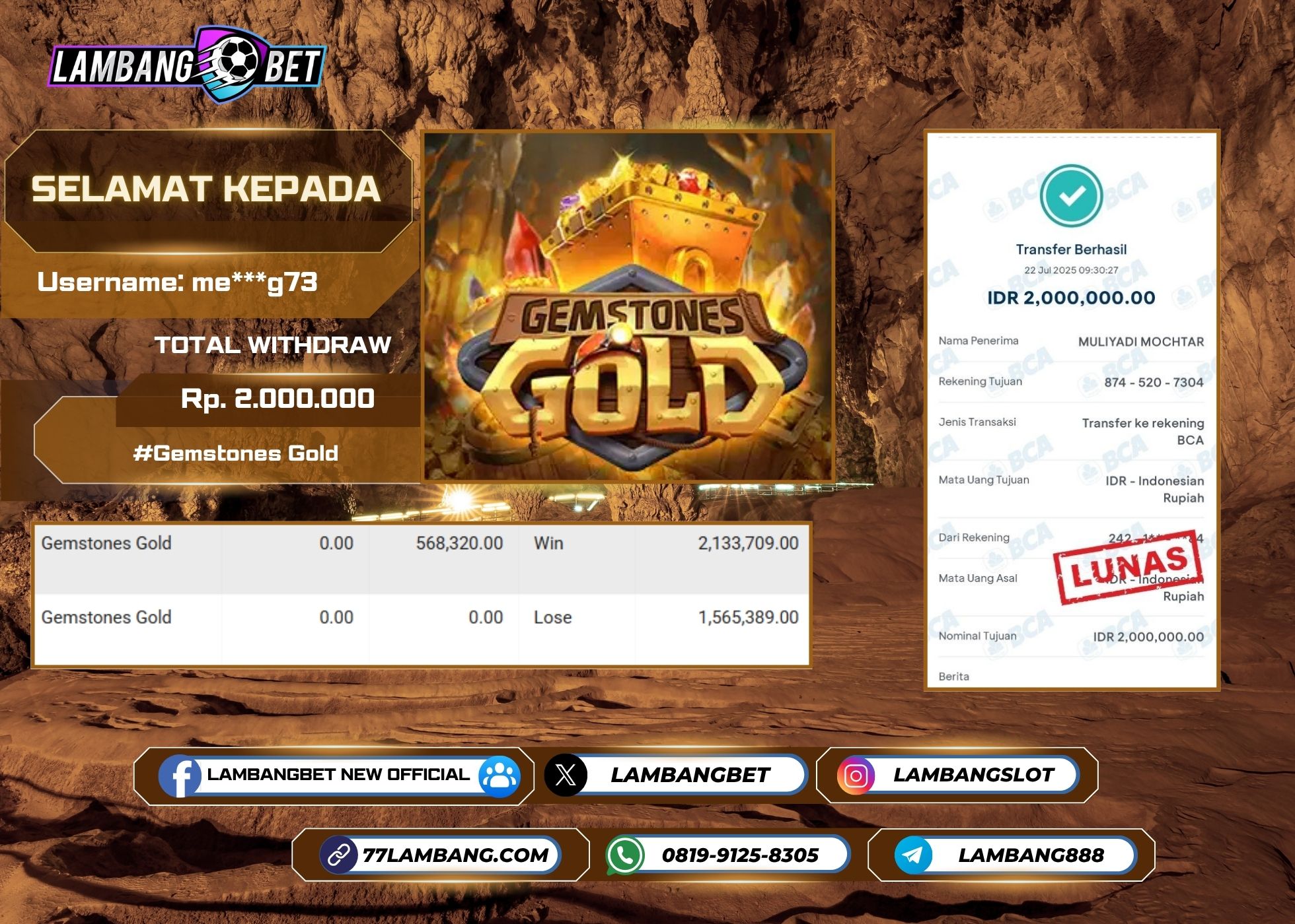 LAMBANGBET [22 JULY 2025] JACKPOT SLOT Gemstones Gold "Rp2.000.000" LUNAS